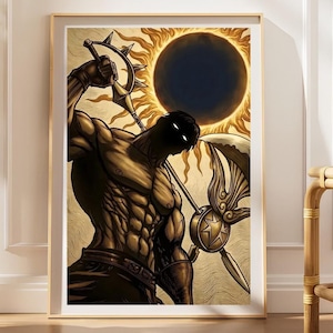 May include: A framed wall art print featuring a muscular, dark-silhouetted figure with glowing white eyes, holding a large, ornate golden spear. The background displays a radiant sun with a dark central eclipse, rendered in shades of gold and black.
