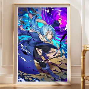 That Time I Got, Rimuru Action Poster | Electric Blue Purple Energy, Matte 210GSM Paper - Multiple Sizes