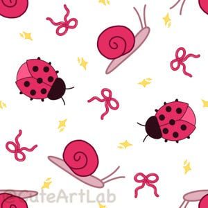 Rosa nyckelpiga snigel sömlöst mönster | Kawaii digitalt papper (kommersiellt bruk)