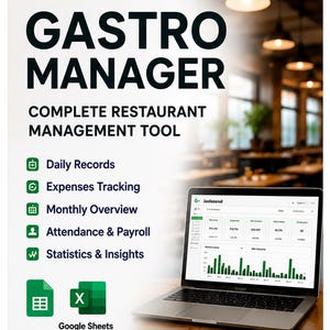 Foglio di calcolo per la gestione del ristorante, Gastro Manager, Vendite, Costi, Buste paga, Dashboard, Fogli Google, Excel