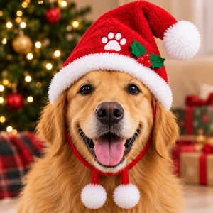 May include: A golden retriever wearing a red and white plush Santa hat. The hat features a white pom-pom at the tip, a white faux fur brim, a white embroidered paw print, and green holly leaves with red berries. Two red chin straps hang down.
