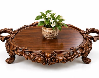 Ornate Wooden Plant Stand, Carved Pedestal Table, Luxury Flower Pot Holder
