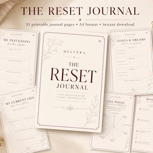 Può includere: Un set di pagine di diario stampabili intitolato The Reset Journal, in formato A4, con 31 pagine e sezioni per intenzioni, obiettivi, sogni e riflessioni sulla ruota della vita. Sfondo color crema con testo marrone scuro e accenti floreali.
