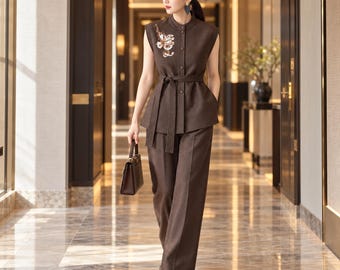 Chinese-Inspired Belted Vest and Trouser Set, Beaded Mandarin Collar Two Piece Outfit