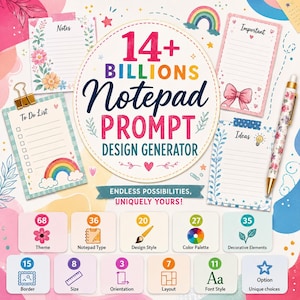 Puede incluir: Un gráfico digital con el texto 14+ BILLIONS Notepad PROMPT DESIGN GENERATOR. Muestra varias plantillas de bloc de notas con ilustraciones de flores, arcoíris y lazos, un bolígrafo floral e iconos que representan opciones de diseño como tema y fuente.
