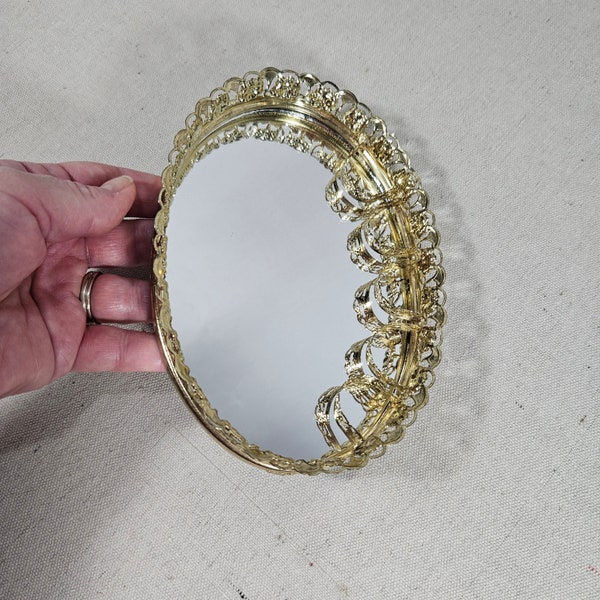 Vintage Gold Vanity Tray with Mirror and Lipstick Sections