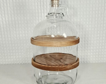 Vintage MCM Glass Gallon Jug Canister Cut With Wood Dividers