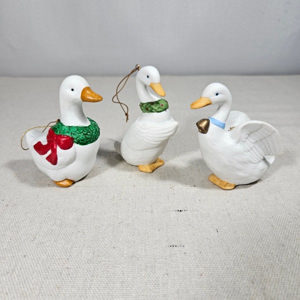 Vintage Set of Three Homco Duck Ornaments, Christmas Tree Duck Decorations