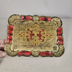 Vintage Florentine Italian Wood Tray, Made in Italy Gold and Red Handmade and Painted Tray 10 Inch