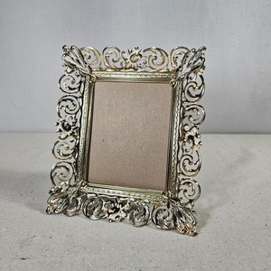 Vintage White Washed Filigree Gold Metal Picture Frame, 4 x 5 Easel Back or Wall Hung Photo Filigree Ornate Frame