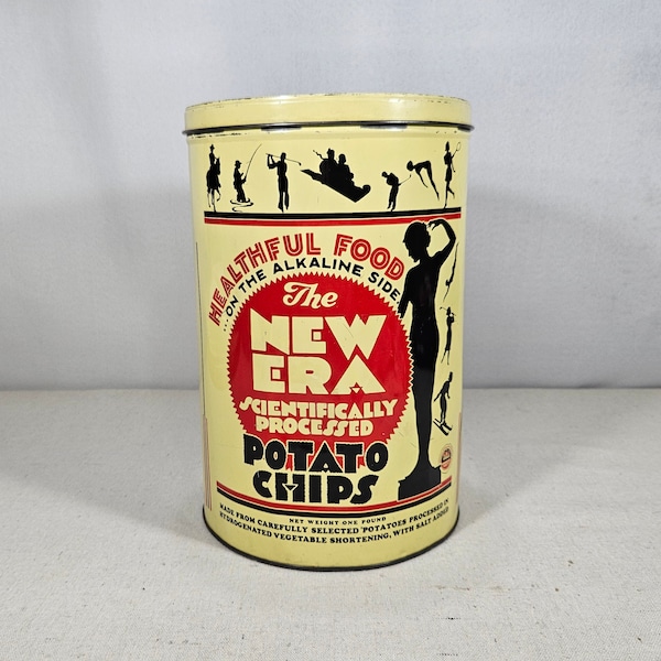 Vintage The New Era Potato Chips Tin Can, Large Food Tin with Lid