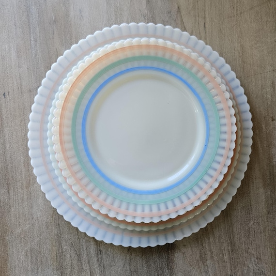 Vintage Cremax Petalware Macbeth Evans Pastel Stripe Plate Grouping, Salad, Dinner, Salver Plate