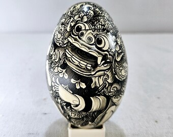 Vintage Hand Painted Wooden Goose Egg Black and White King of Banaspati, Hand Painted Behance King of the Jungle Egg