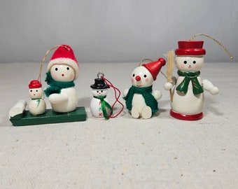 Vintage Group Painted Wood Snowman Ornaments, Snowmen Ornaments