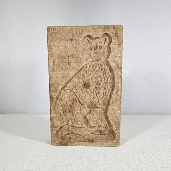 Vintage Wooden Hand Carved Cat Cookie Mold, Butter Mold, Primitive Wooden Carved Cat Art Piece