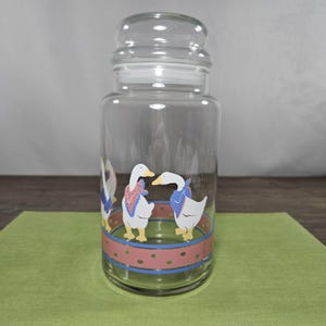 Vintage 1980&#39;s Glass Duck Canister Jar with Lid 8.5&quot; Tall, Grandma Decor Blue and Mauve Geese Storage Jar