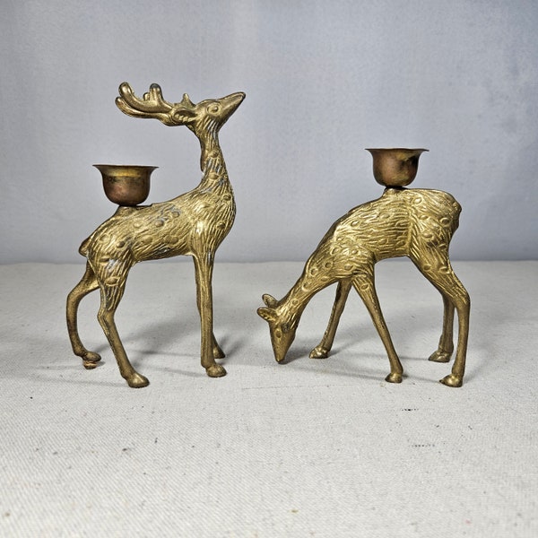 Pair Brass Deer Candleholders, Brass Buck and Doe Figurines