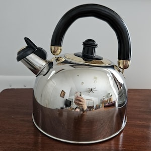 Vintage Nouvelle Cuisine Edelstahl Rostfrei Stainless Steele Tea Kettle Gold Accents