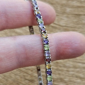 Vintage Multi Gemstone 925 Sterling Silver Tennis Bracelet, Peridot, Amethyst, Garnet, Citrine Bracelet