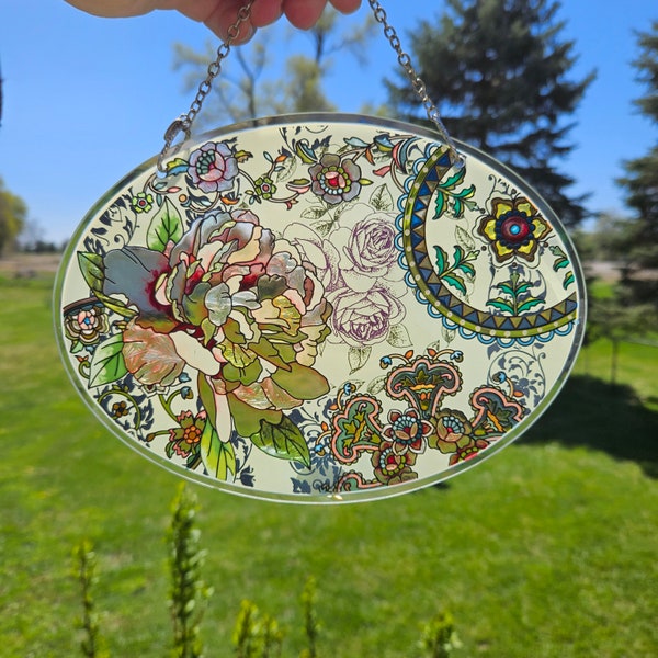 Beautiful Hand Painted Peony Floral Amia Window Sun Catcher, Stained Glass Window Hanging Art