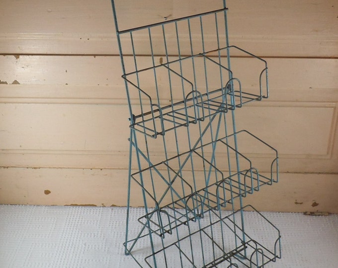 Vintage Metal Store Display Rack, Blue Painted Storage Rack, Industrial