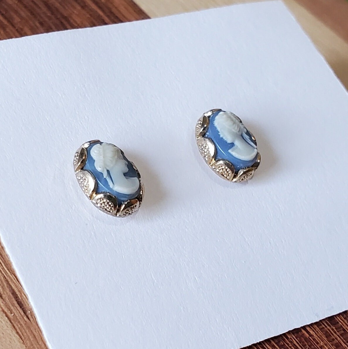 Vintage Blue Cameo Stud Earrings, Gold and Blue Cameo Small