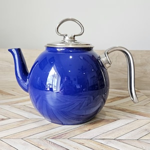 Vintage 1990&#39;s Chantel Style Round Blue Enamelware and Stainless Tea Kettle with Infuser