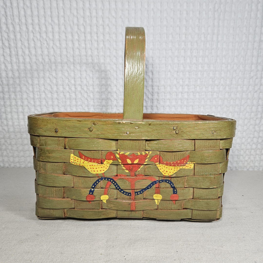 Vintage Hand Painted Folk Art Basket With Liner Green and Orange - Etsy