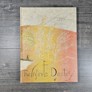 Pode incluir: Um livro de capa dura intitulado "The Infinite Destiny" com uma ilustração de paisagem. A capa apresenta uma paleta de cores quentes de amarelo, laranja e pêssego, com árvores estilizadas e um pássaro. O título está em uma escrita decorativa.