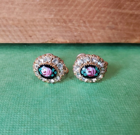 Vintage Rhinestone and Rose Floral Screw Back Ear… - image 3