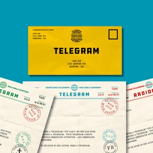 May include: A bright yellow telegram envelope with black text and a globe logo, positioned above three off-white paper forms labeled Cablegram, Telegram, and Radiogram. Each form features red, green, or blue ink stamps and printed text.