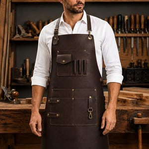 May include: A dark brown leather apron featuring adjustable shoulder straps with brass hardware, a chest pocket with a snap closure, three vertical tool slots, and two large lower pockets with additional straps and a metal clip for tool storage.