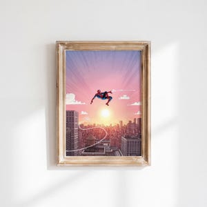 Spider-Man poster, Marvel Comics muurdecoratie, Sunset City Swing print, NYC skyline decoratie, cadeau voor superheldenfans, stripboekkunstprint