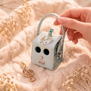 Può includere: Un carillon cubico azzurro con manico superiore, caratterizzato da un'incisione a forma di cuore e chiave di violino sul davanti, due aperture circolari e una piccola chiave di carica metallica sul lato, accompagnato da un ciondolo a chiave di violino dorato.
