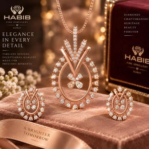 May include: A rose gold jewelry set featuring a pendant necklace and matching stud earrings. Each piece displays a circular frame lined with small clear stones, a central four-petal flower motif, and a V-shaped accent. Text includes HABIB.