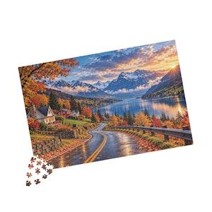 Autumn Alpine Lake Puzzle, Scenic Mountain Village and Fall Foliage, Cozy Cottage Landscape, Gift for Travel Lovers