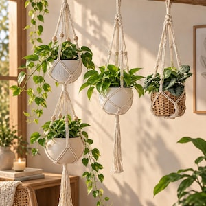 Può includere: Un set di quattro portavasi in macramè realizzati in corda color bianco sporco, con perline di legno e nappe. Tre supporti sostengono vasi in ceramica bianca liscia e uno un cesto in vimini, tutti contenenti piante verdi ricadenti.