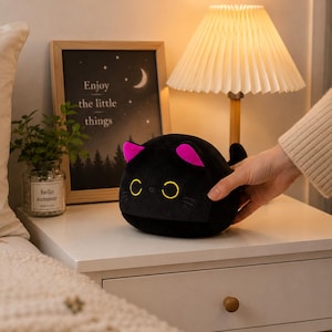 Round Black Cat Plush, Kawaii Gothic Kitty Pillow, Soft Stuffed Animal (9-25cm)