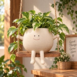 Smiling Face Resin Hanging Planter, Rustic Swing Succulent Pot, Indoor Outdoor Garden Decor