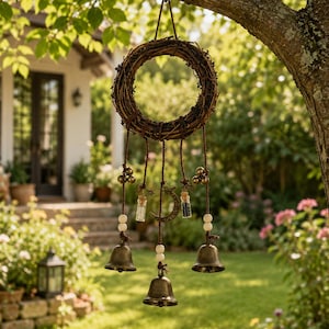 May include: A hanging wind chime featuring a circular brown twig wreath at the top. Three brown cords hang from the wreath, each ending in a brass bell. The chime includes small glass vials, wooden beads, and a crescent moon charm in the centre.