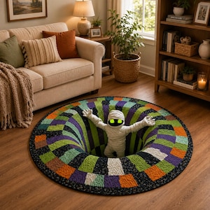 Puede incluir: Una alfombra redonda con una ilusión óptica 3D de un agujero negro profundo rodeado por un borde de parches de tela en colores verde, naranja, morado y negro. Una figura de momia blanca con ojos verdes brillantes emerge del centro.