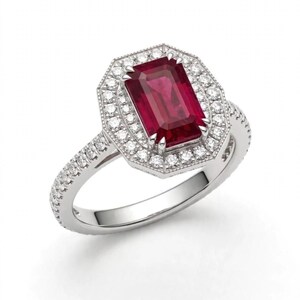 Emerald Cut Ruby Engagement Ring | Art Deco Double Diamond Halo | White Gold Ruby Ring | Vintage Ruby Ring | Lab Ruby Statement Ring