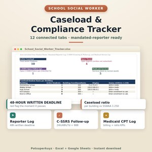 School Social Worker Caseload & Compliance Tracker | Mandated-Reporter + C-SSRS | Google Sheets + Excel