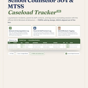 May include: A digital School Counselor 504 & MTSS Caseload Tracker V2 tool. The interface includes logs for behavior, dysregulation, and parent/staff contacts, plus ASCA Mindsets tagging. It features 10 tabs, Excel and Google Sheets compatibility.