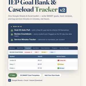 IEP Goal Bank & SPED Caseload Tracker Spreadsheet: SMART Goals, Data Collection, Progress Monitoring (Excel + Google Sheets)