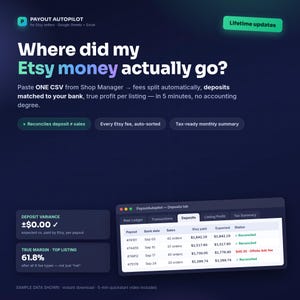 May include: A dark blue digital interface for Payout Autopilot for Etsy sellers. The text asks, Where did my Etsy money actually go? It features a dashboard showing deposit variance, true margin, and a table of deposits with reconciled status.
