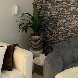 May include: A green leafy plant in a woven basket planter sits on a white pedestal. Above it, two tan hanging baskets are mounted on a stone-patterned wall. A white sofa with a brown pillow and a gray plush chair are positioned on either side.