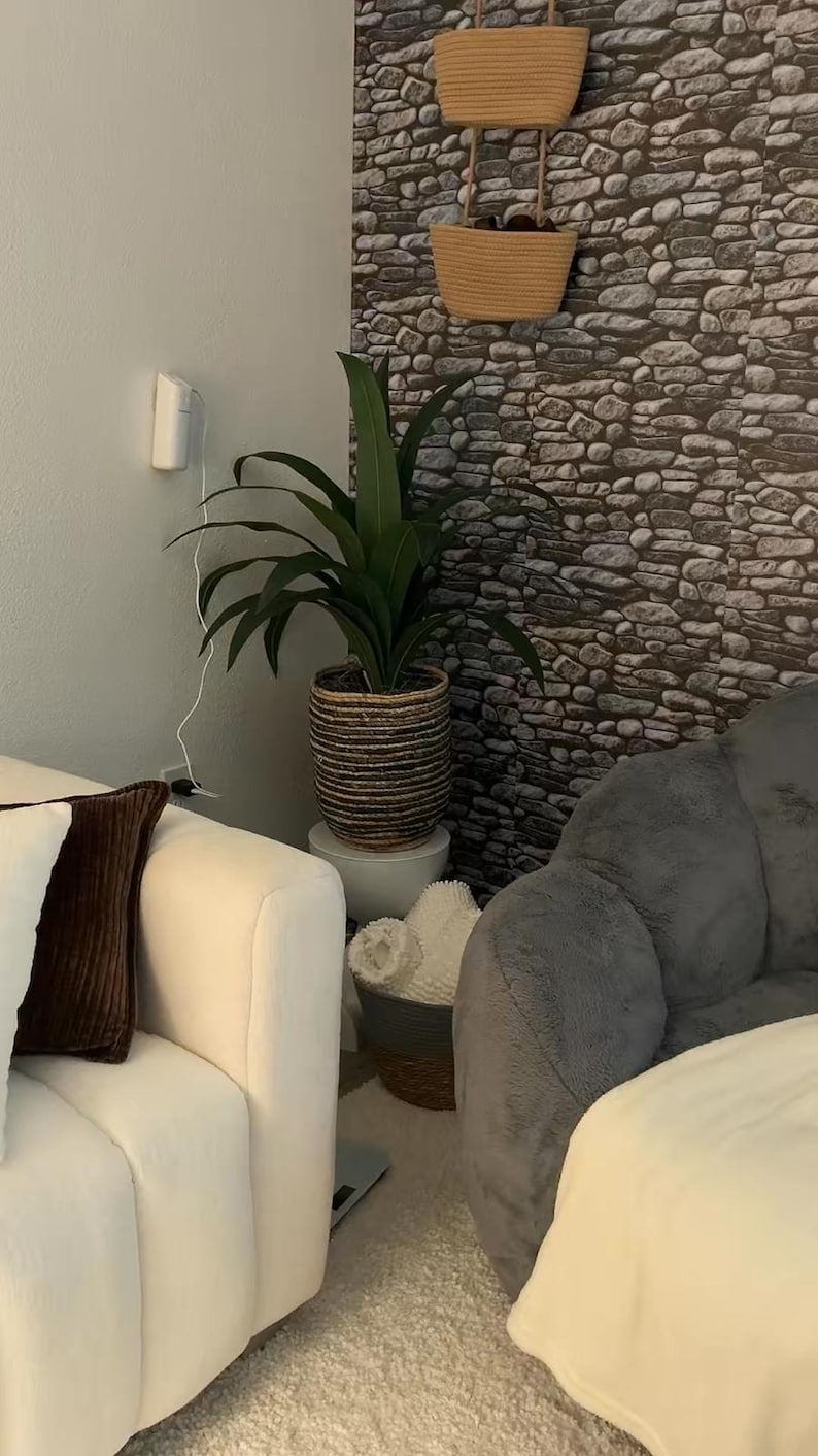 May include: A green leafy plant in a woven basket planter sits on a white pedestal. Above it, two tan hanging baskets are mounted on a stone-patterned wall. A white sofa with a brown pillow and a gray plush chair are positioned on either side.