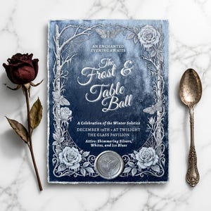 May include: A rectangular invitation card with a dark blue watercolor background, featuring white illustrations of roses, moths, and spiderwebs. The text reads: The Frost & Table Ball, An Enchanted Evening Awaits, December 19th, The Glass Pavilion.