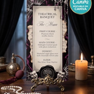 May include: A vertical menu card titled Theatrical Banquet with a cream-colored center and dark purple borders. The text lists courses including Phantom black truffle risotto, Midnight roasted quail, and Shattered sugar glass over dark chocolate cake.
